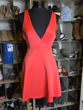 HAODUOYI Coral Red V-Neck Fit & Flare Mini Dress